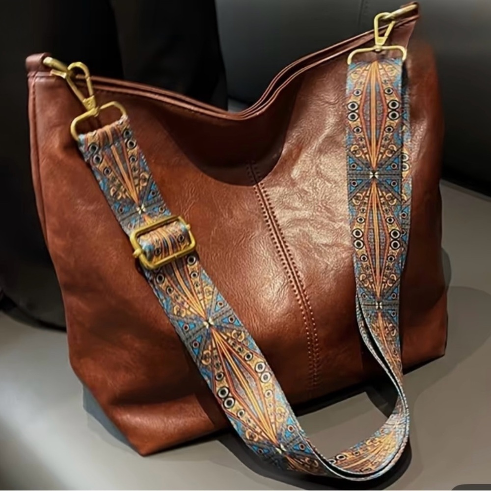 Brown Faux Leather Tote Bag Adjustable Strap - Picture 3 of 7